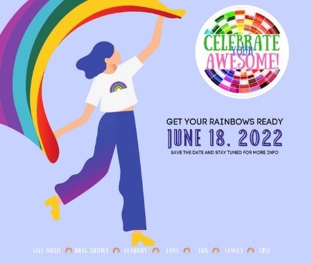 Cartoon image of a white woman wearing  blue pants and a white shirt with a rainbow on the chest. She is holding a rainbow flag above her head. The date of the event and event logo is include on the artwork.