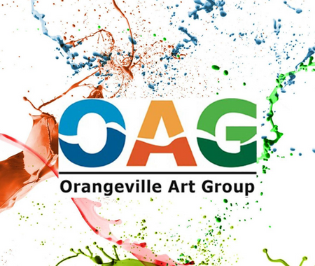 White background with colourful paint splatter. The words "Orangeville Art Group" is written in black lettering.