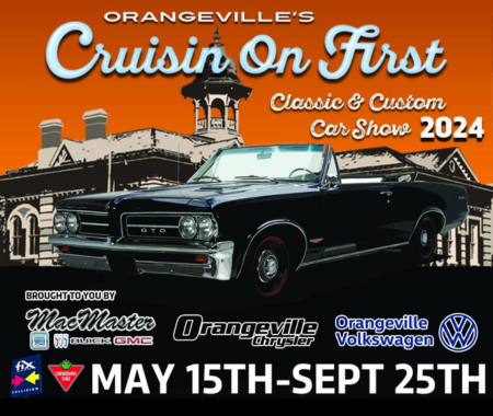 A graphic of a car with a historic town hall in the background. It reads "Cruisin’ on First Classic &amp; Custom Car Show"