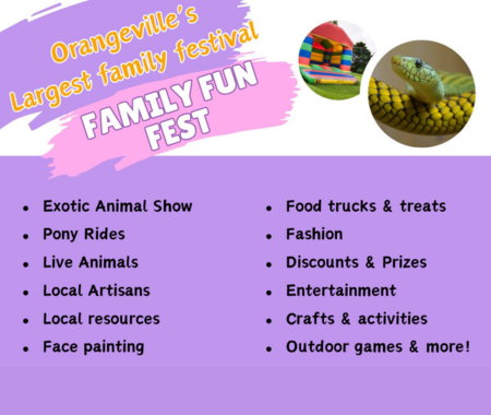 A graphic that reads "Orangeville's largest family festival. Orangeville Fun Fest" with images of a bouncy castle and a snake in circles. There is a bullet list of activities.
