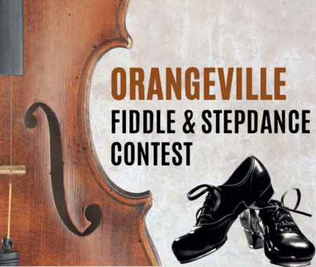 A graphic with an illustration of a fiddle and tap shoes. It reads "Orangeville Fiddle and Stepdance Contest"